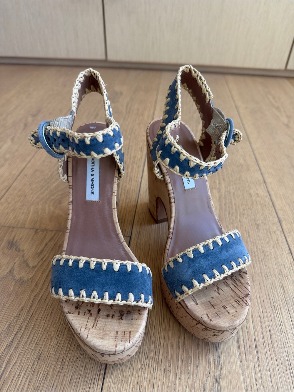 Tabitha Simmons Blue Suede Cork Platform Sandals with Cream Whipstitch
